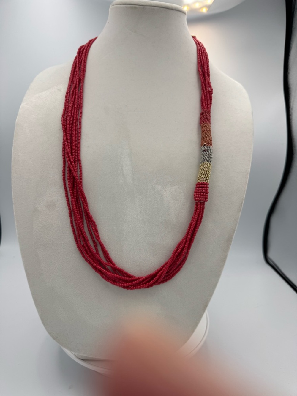 Chico's Red Multi-Strand Beaded Necklace with Metallic Accent
